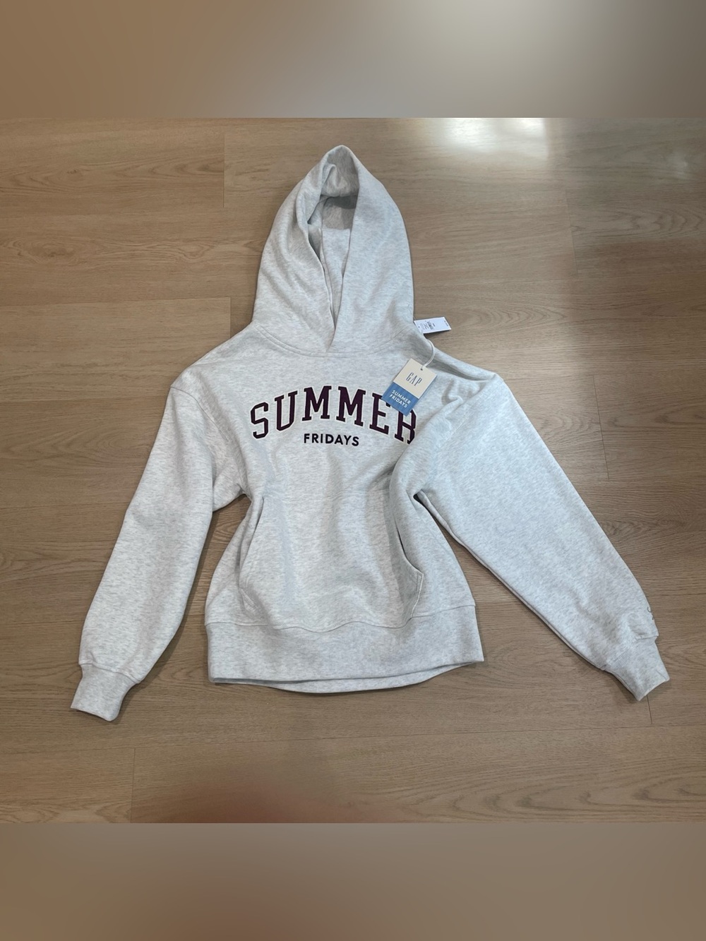 Summer Fridays Light Gray Hoodie with Burgundy 'SUMMER' Logo